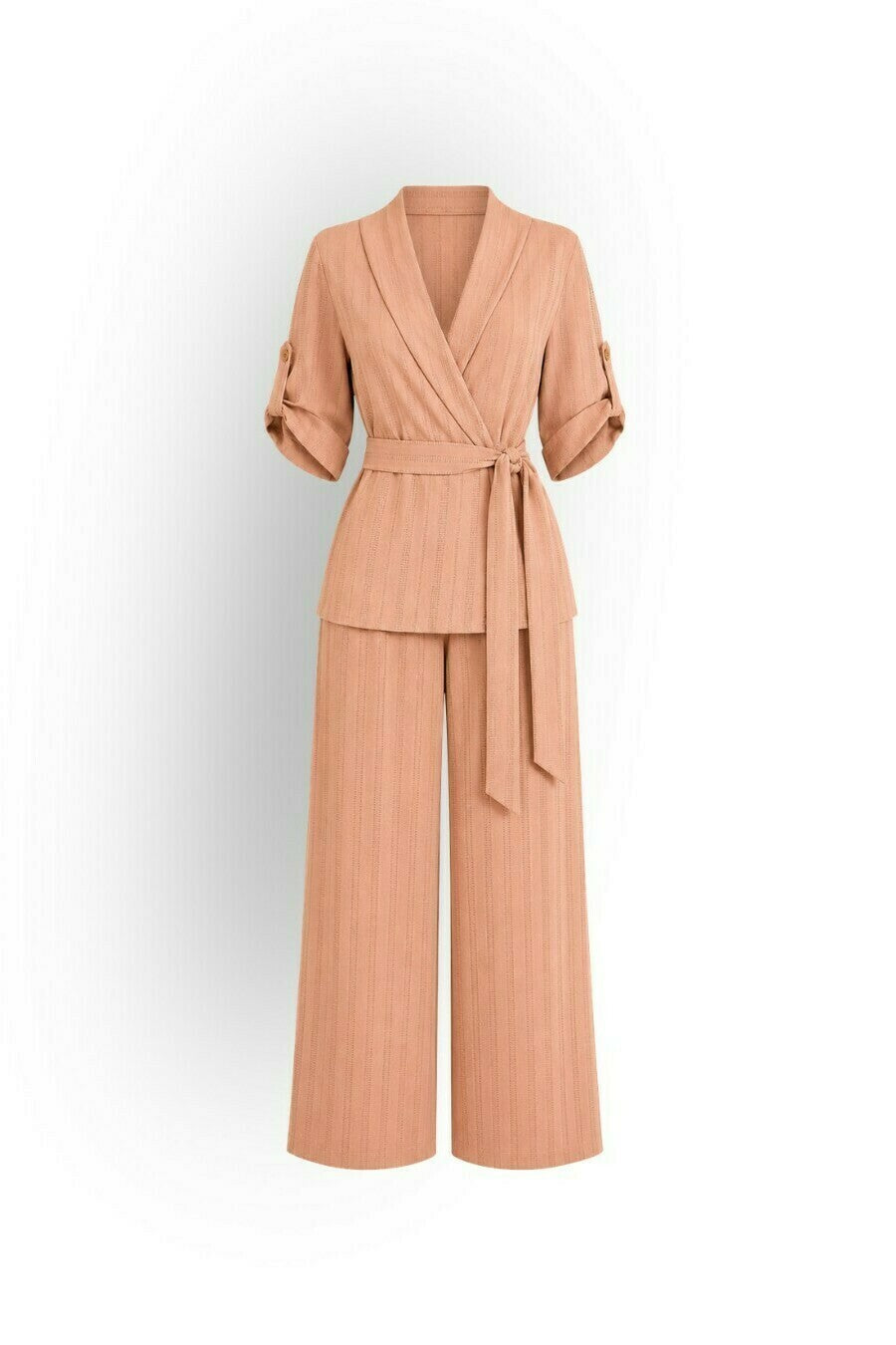 Textured Viscose Belted Blouse &amp; Paperbag Wide Leg Pants Set
