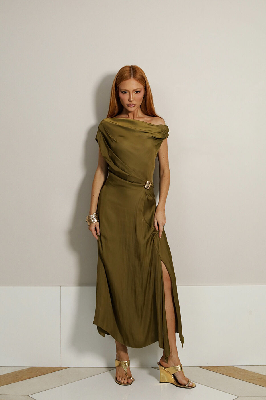Asymmetric Satin Midi Dress with Gold Buckle