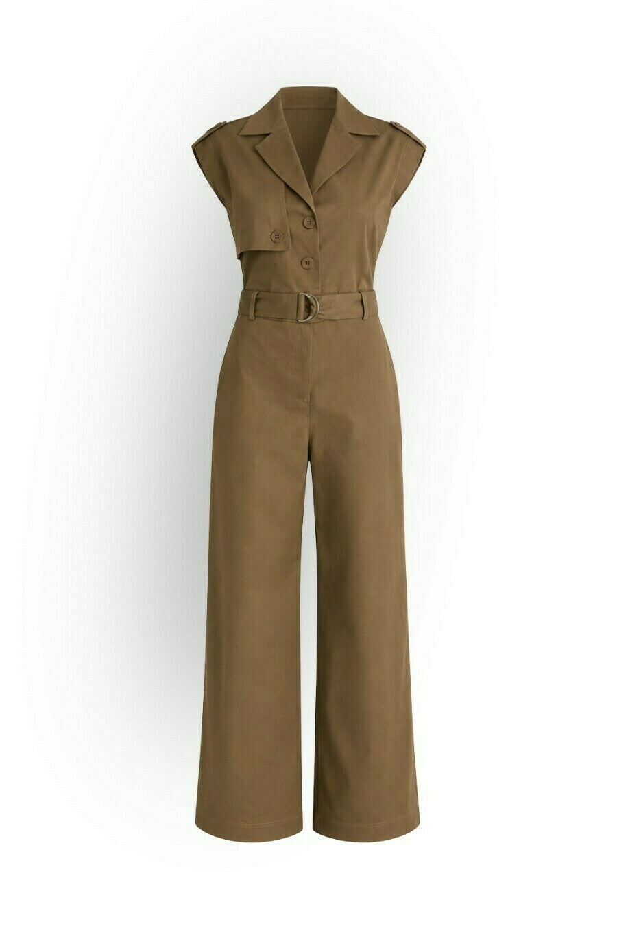 Belted Twill Jumpsuit with Shoulder Tabs