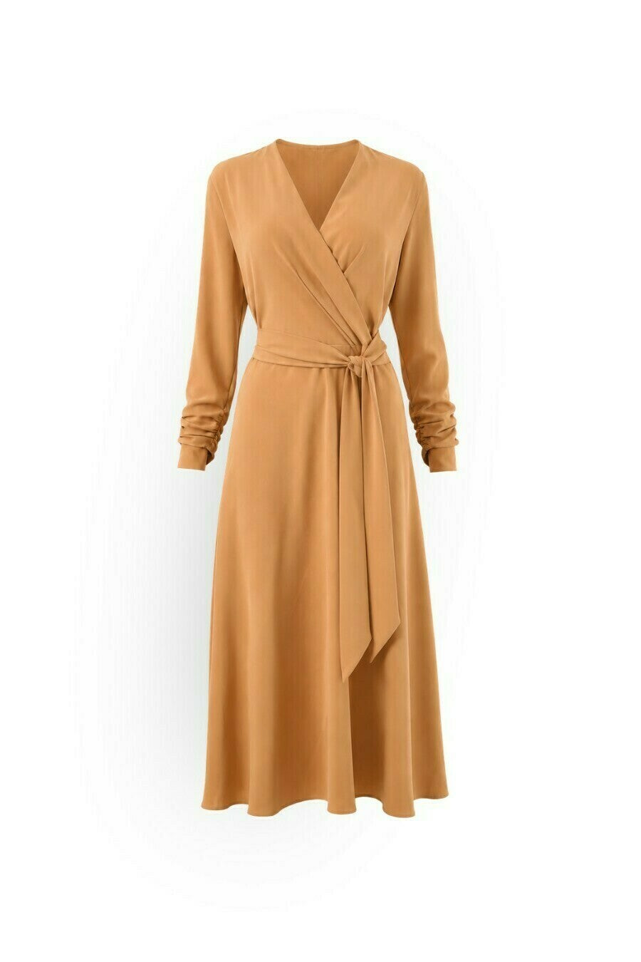 Ruched-Sleeve Wrap Midi Dress with Belt