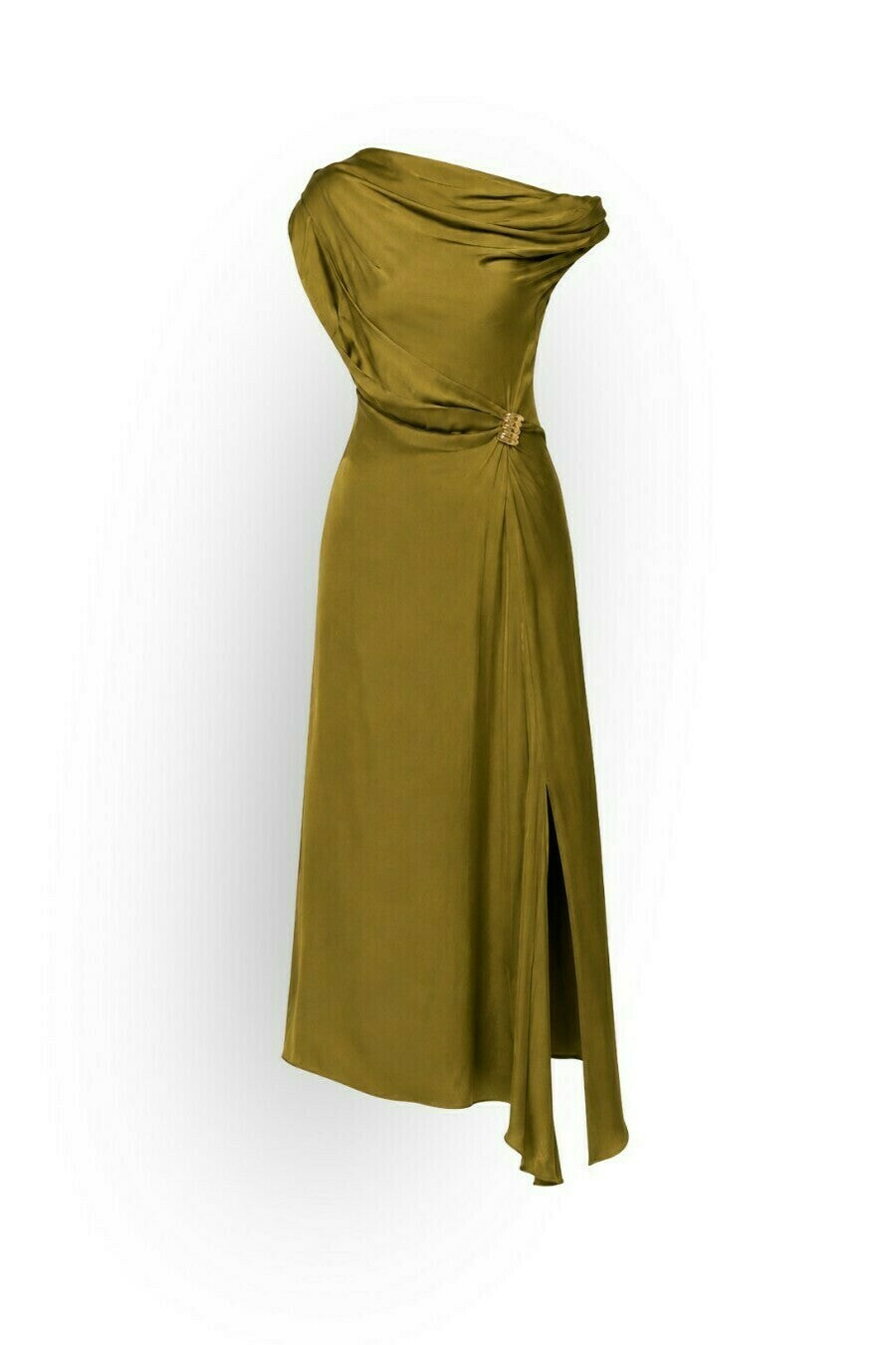 Asymmetric Satin Midi Dress with Gold Buckle