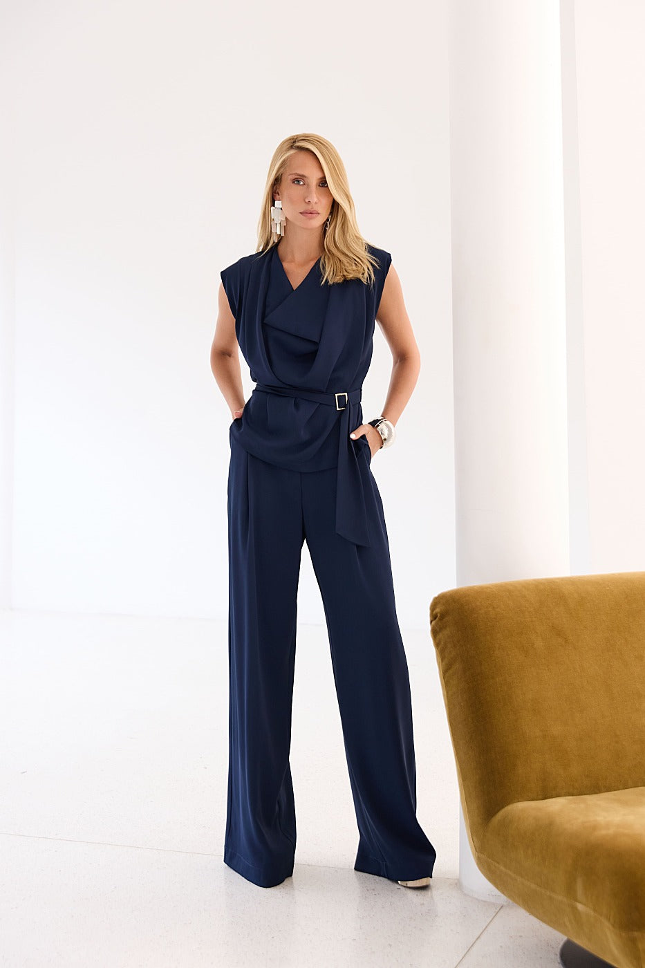 Shoulder-Pad Pleated Blouse with Pleated Pants Set