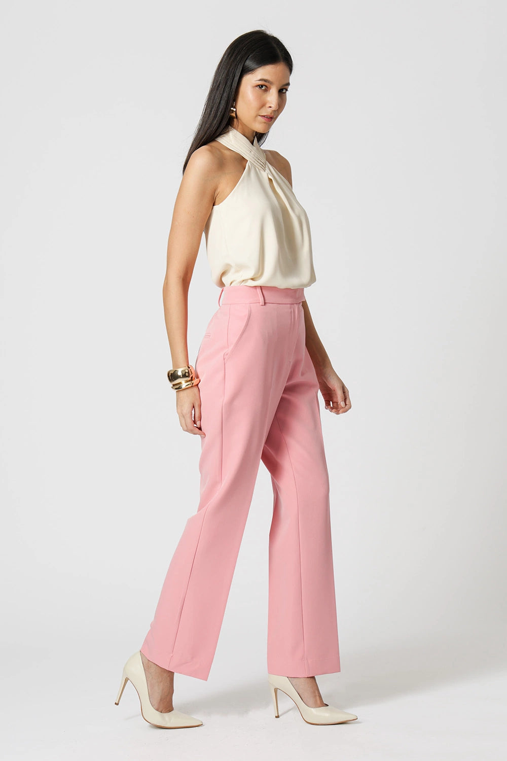 Pleated Crossover-Neck Blouse