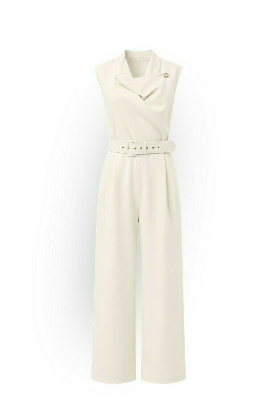 Belted Crepe Jumpsuit with Draped Neckline
