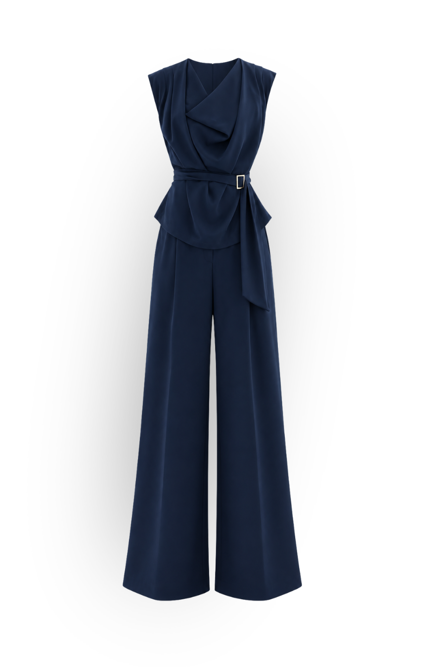 Shoulder-Pad Pleated Blouse with Pleated Pants Set
