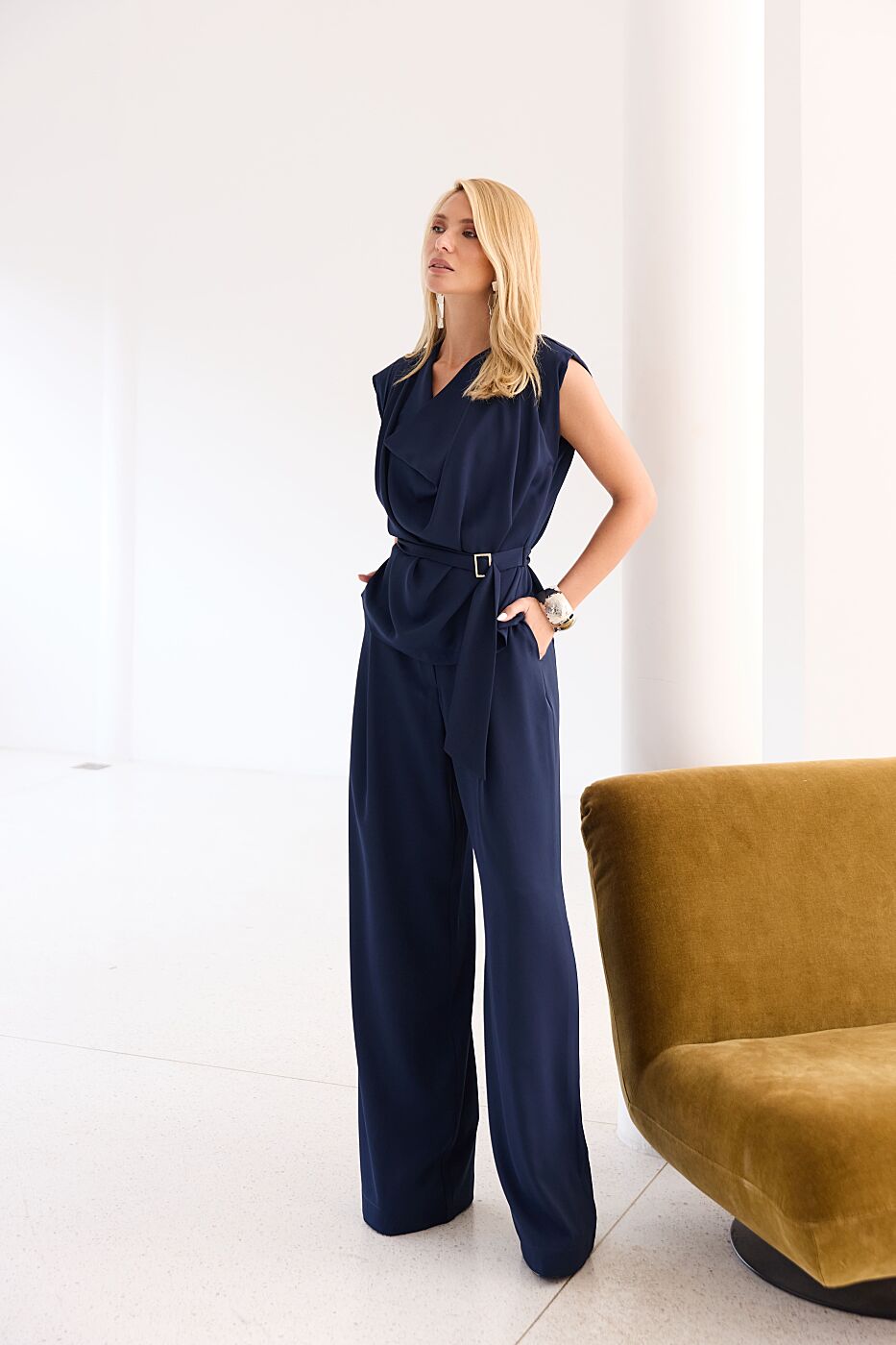 Shoulder-Pad Pleated Blouse with Pleated Pants Set