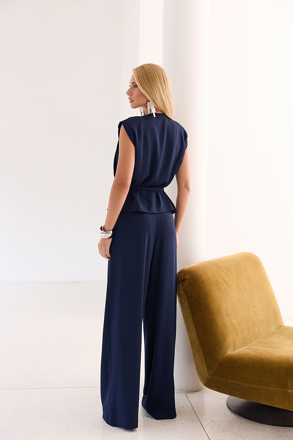 Shoulder-Pad Pleated Blouse with Pleated Pants Set